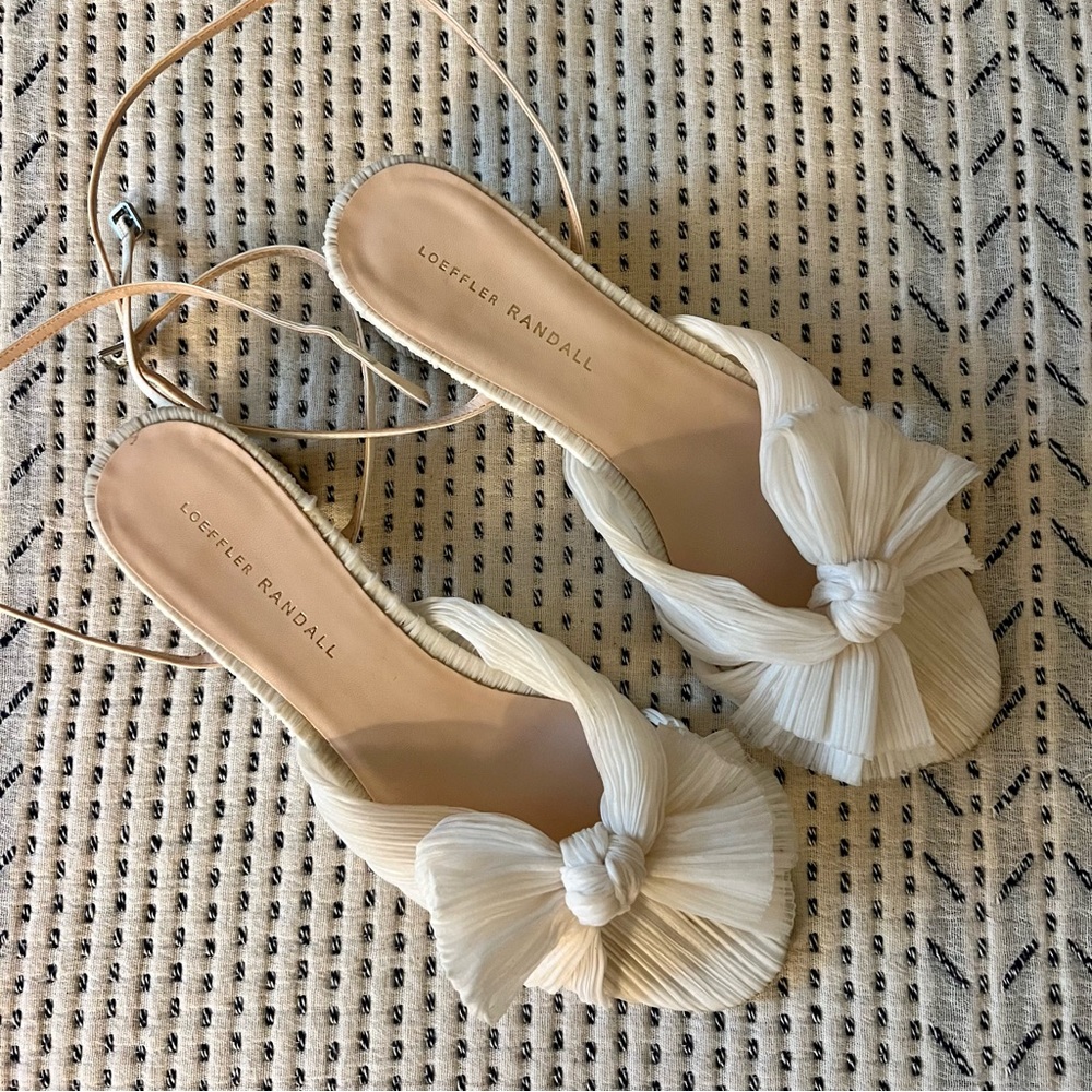 Loeffler Randall Dahlia Pleated Bow Heels with Ankle Strap, color Pearl, size 11